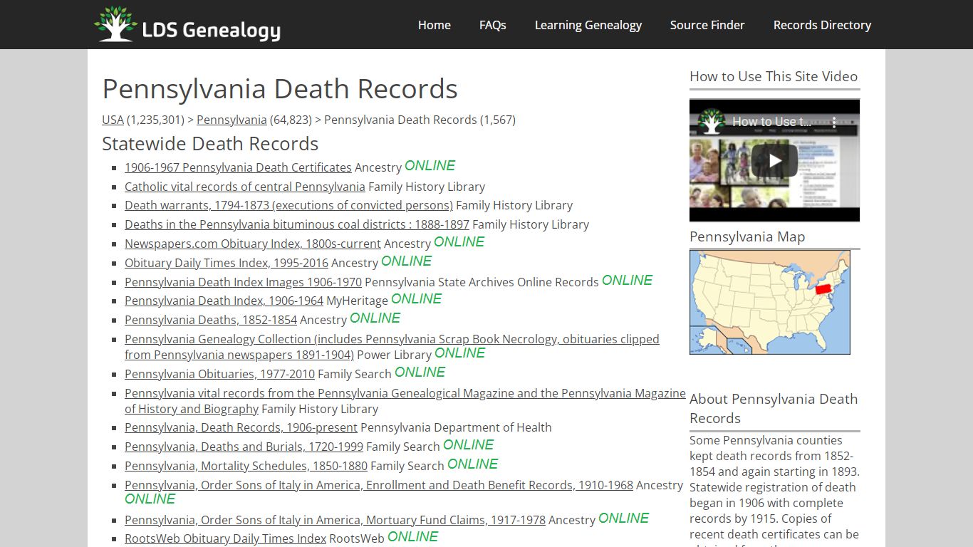 Pennsylvania Death Records - LDS Genealogy